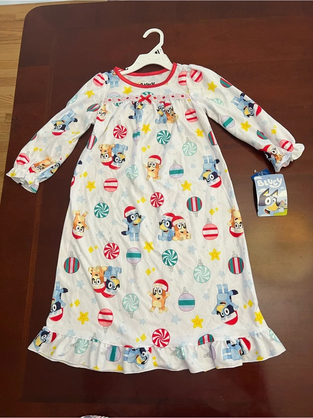 Girls' Bluey Print Long Nightgown - White with Red Trim (Size 4T)